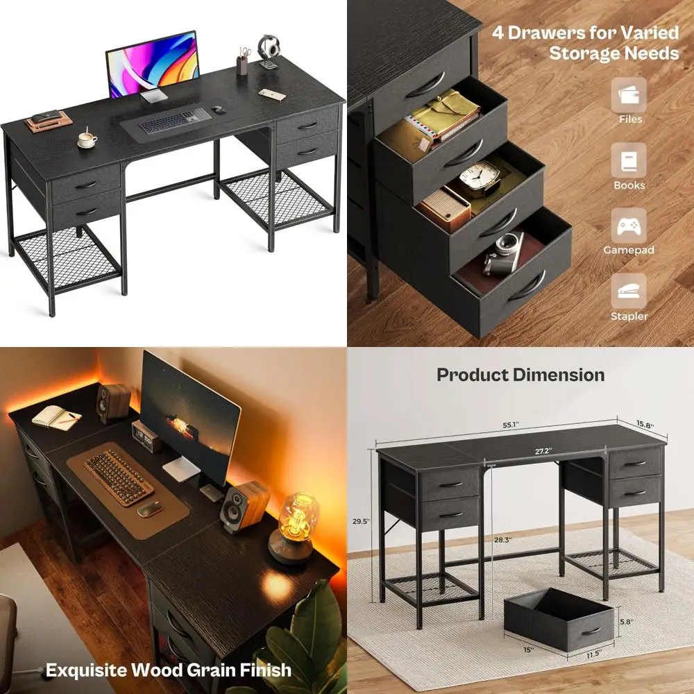 

55 Inch Large Desk with 4 Drawers and Mesh Shelf - Ergonomic Gaming and Work Desk for Home Office, Study, Bedroom, Work from Hom