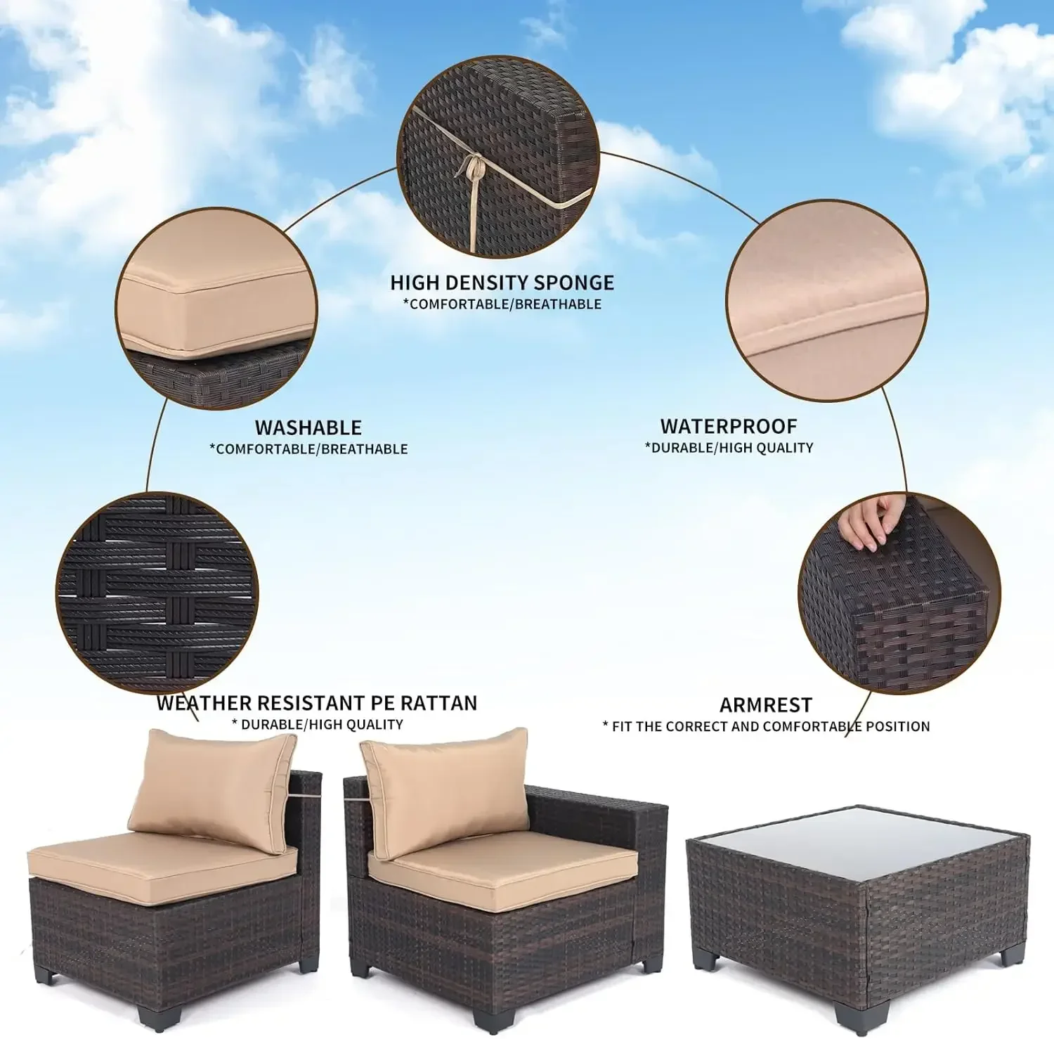 7 Pieces Outdoor Patio Furniture Sets,Rattan Conversation Sectional Set,Manual Weaving Wicker Patio Sofa with Tea Table