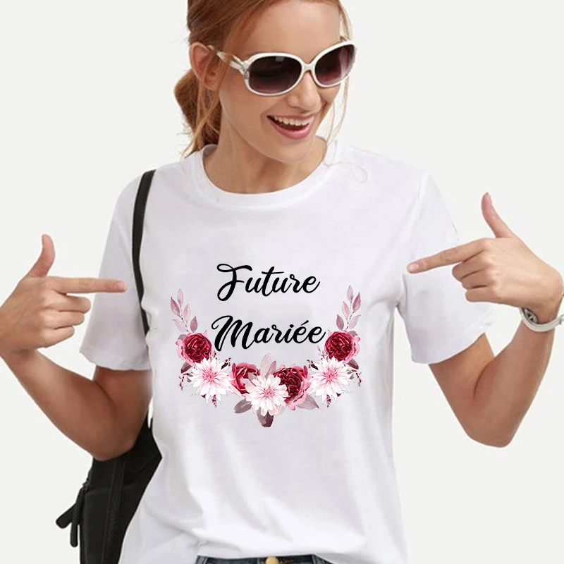 Francese EVJF Futuro Sposa T-shirt Sposa Matrimonio Squadra Sposa Top Addio al nubilato Abiti da donna Manica corta Corona di fiori Tees