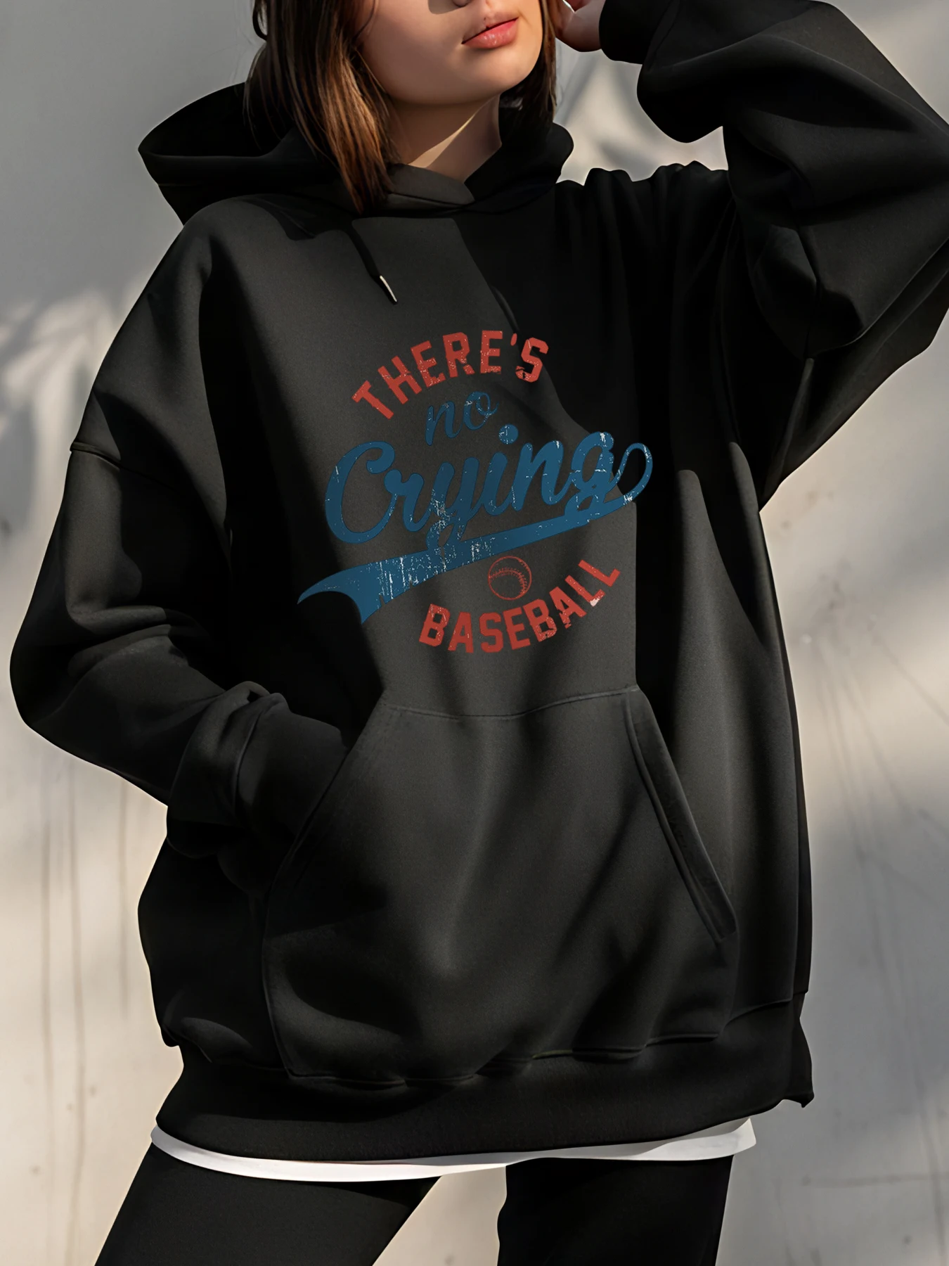 Women Hoodie There's No Crying In Baseball Print Sweatshirt Casual Sporty Style Female Pullover Long Sleeve Hooded Top