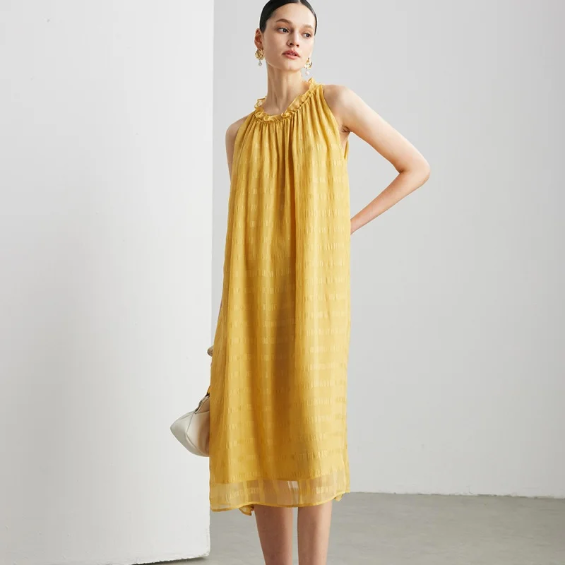 Birdtree, 100% vestido sólido de seda amoreira, camada dupla, vestido feminino solto elegante sem mangas plissado, verão 2025 novo d5d018jf