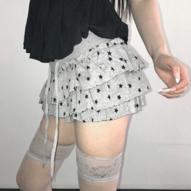 American Retro Y2K Skort Women Casual Star Print Ruffle Drawstring Waist Layered Ruffle Mini Skirt Summer Shorts Strreetwear