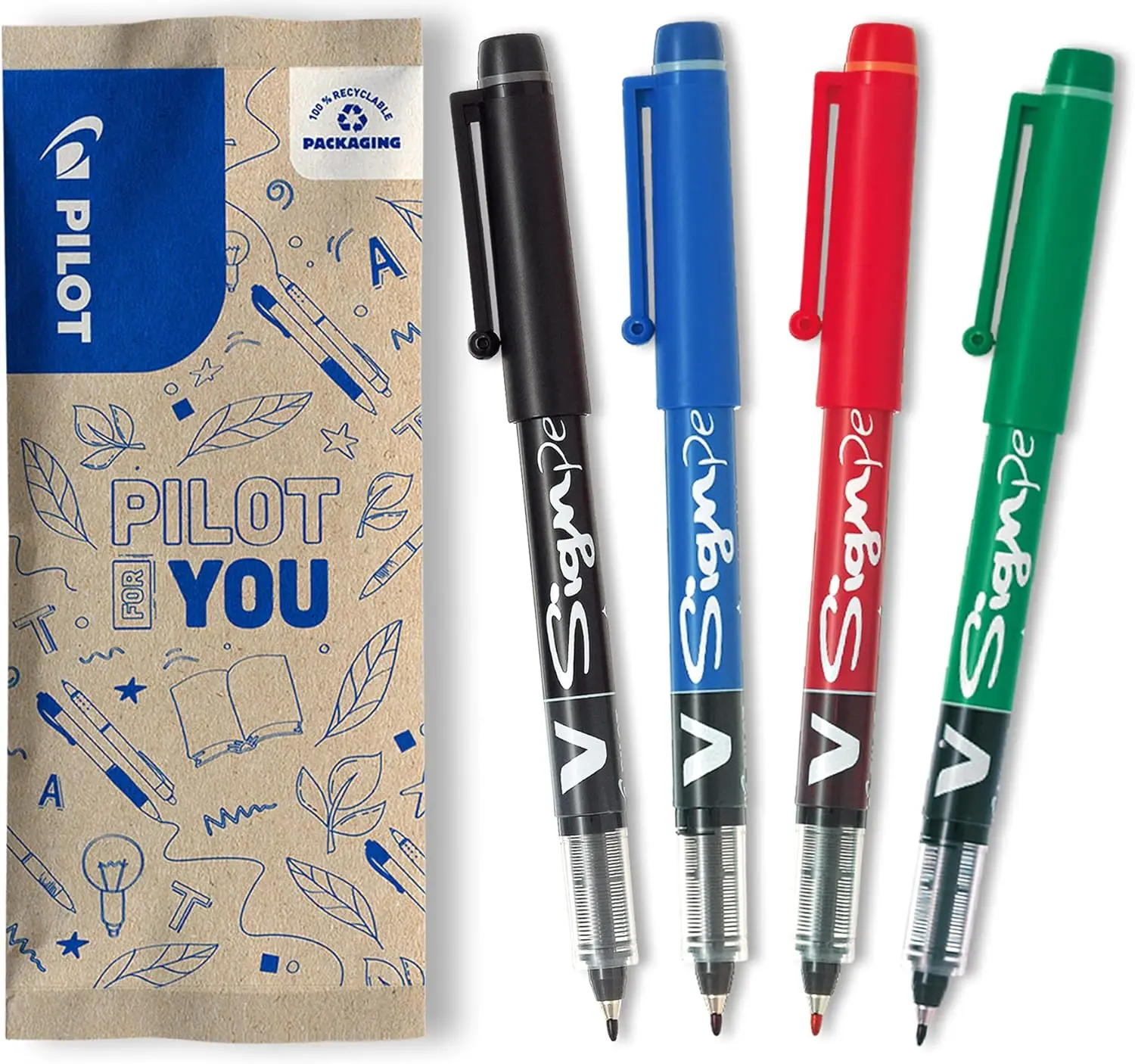 

2.0mm V-Sign Liquid Ink Pen - 4 Colors Pack (Black/Blue/Red/Green)