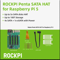 ROCKPI Penta SATA HAT - 3C, 5A, 4A / 4B / 4SE / 4A+ / 4B+ / 3A for Raspberry Pi 5 and ROCK Pi SBCs, Up to 5x SATA disks