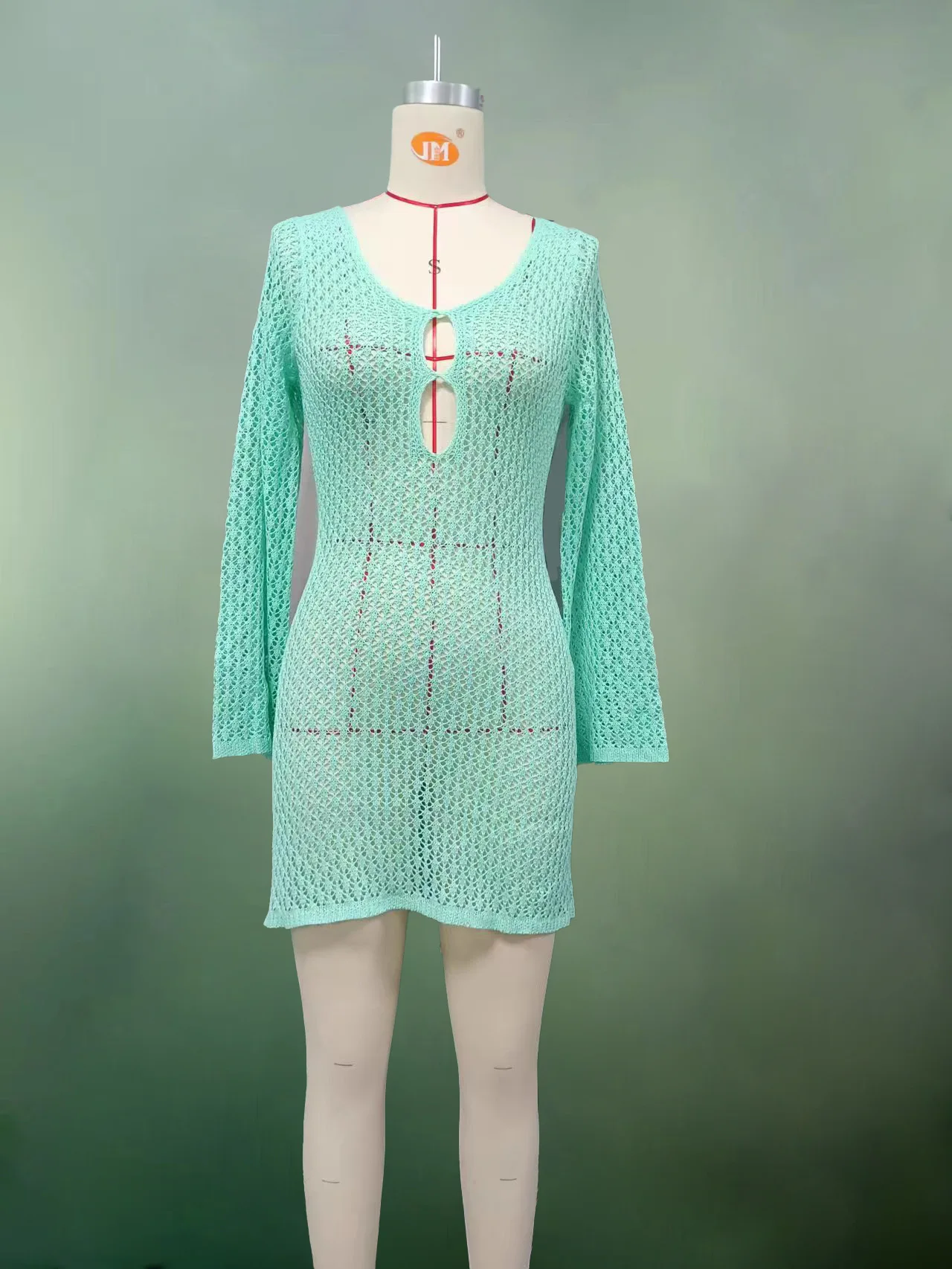 Vestidos cortos holgados de manga larga con espalda descubierta y cuello en V para mujer, minivestido calado de punto liso para ir al trabajo en la calle, novedad de 2026