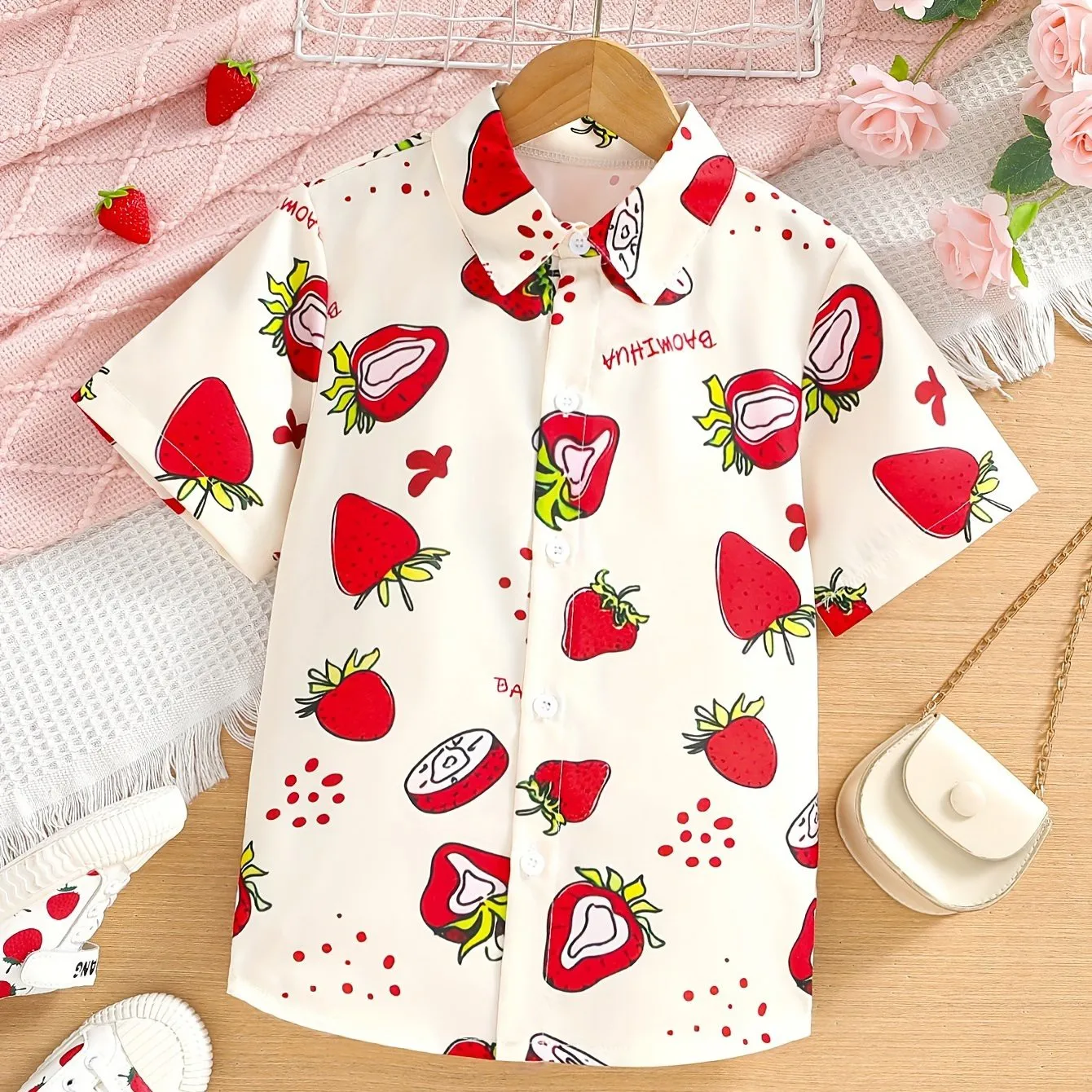 Girls Sweet Peach Hearts And Strawberry Full Print Blouse Button Down Short Sleeve Top Shirts for Summer Outdoor Tops