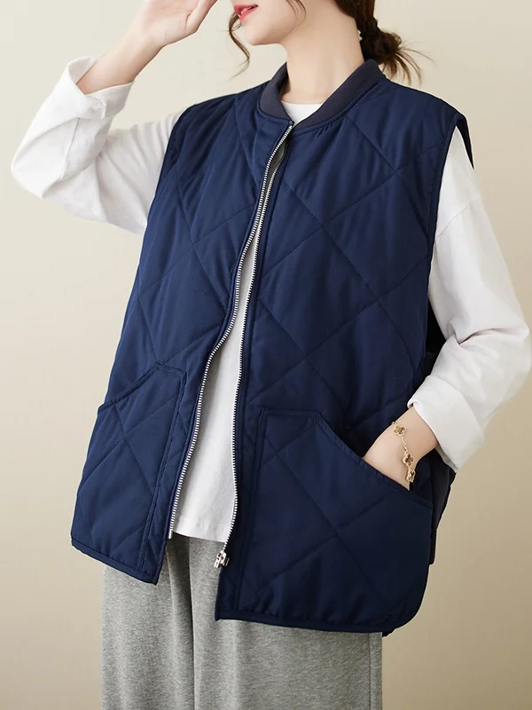 冬用多用途レトロカジュアルコットンベスト レディース 暖かいダイヤモンド柄キルティングジャケットコート ジッパー付きラウンドネックピュア...