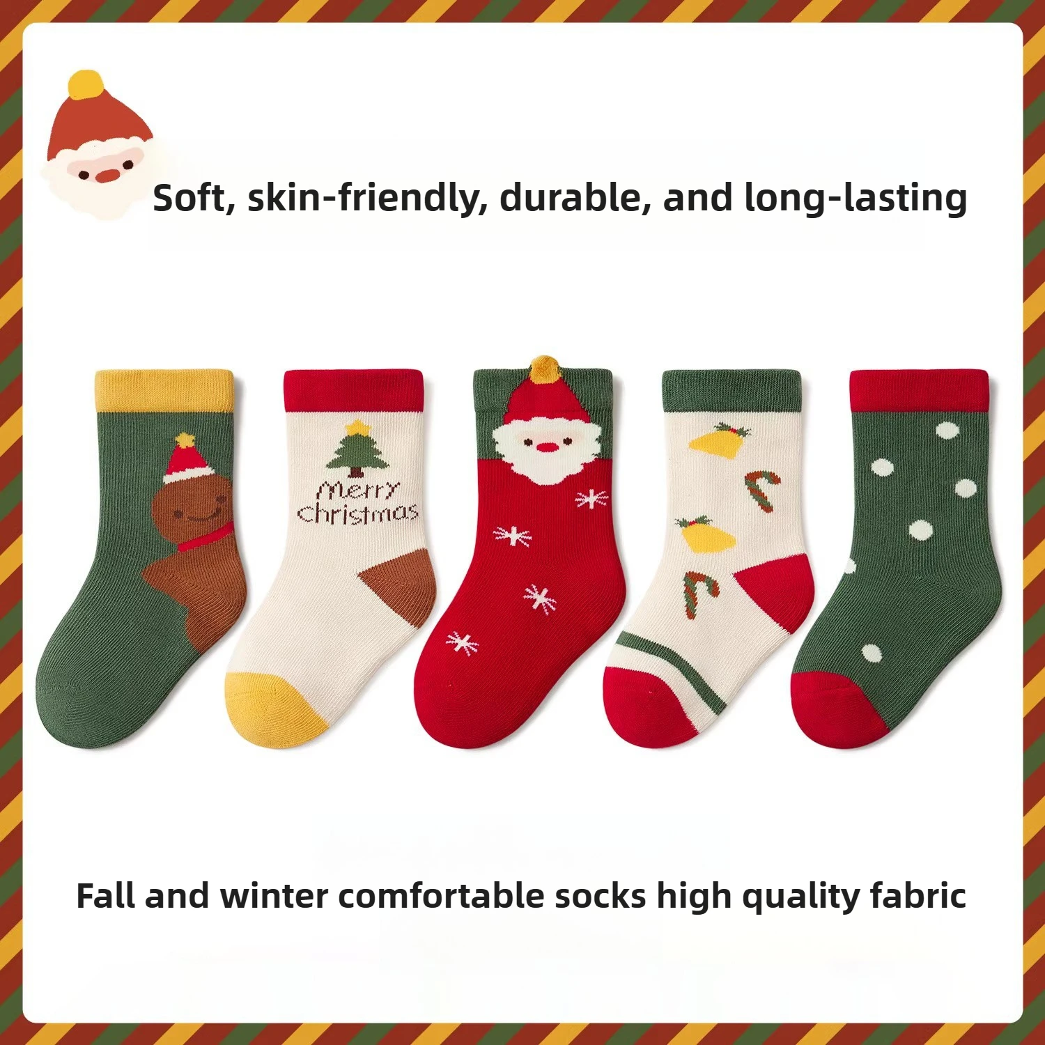 

5 Pairs Childrens Cartoon Xmas Socks Mid Calf Red Stockings Unisex All Season Holiday Gift for Students