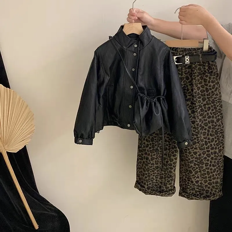 

Girls' Set Spring and Autumn New Style Korean Edition Big Children's Leather Jacket+Leopard Pattern Casual Pants 2-piece Set
