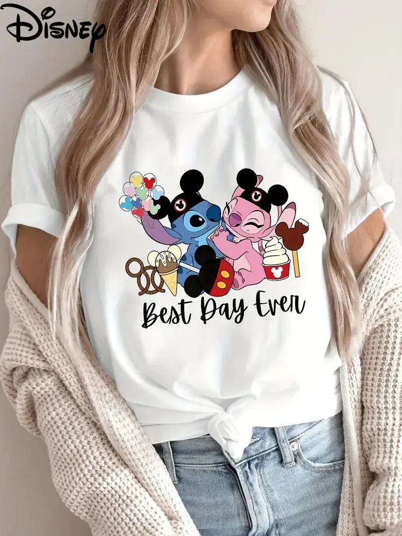 

2025 Disney Pattern Printed Women's Casual Comfortable Unique Smiling Face Black Round Neck Short Sleeve T-shirt