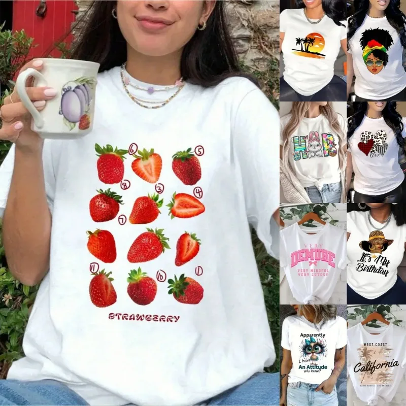 New Explosive Hot Strawberry Print Women's Fashion Casual Short-sleeved Round Neck Tx Female Top Graphic T Shirts