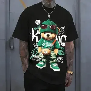 Streetwear hip-hop teddy bear print men’s T-shirt, Harajuku retro casual short-sleeve top, Y2K-style loose trendy tee. tiktokshopspringglowup,summervibes