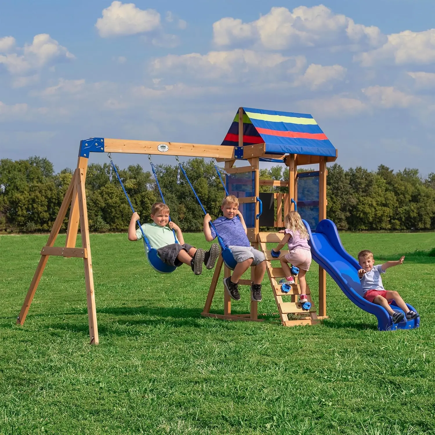 

Игровой комплекс Bay Pointe из кедрового дерева с волновой горкой, игровой площадкой, скалодромом, лестницей, ременными качелями, доской для рисования, навесом, для игр на улице