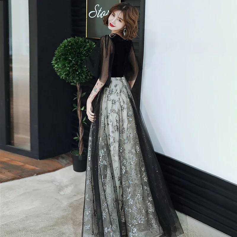 Black Evening Dress V-neck Velour Sequins Bling Tulle Half Sleeves A-line Floor-length Plus size Women Formal Party Dress A101