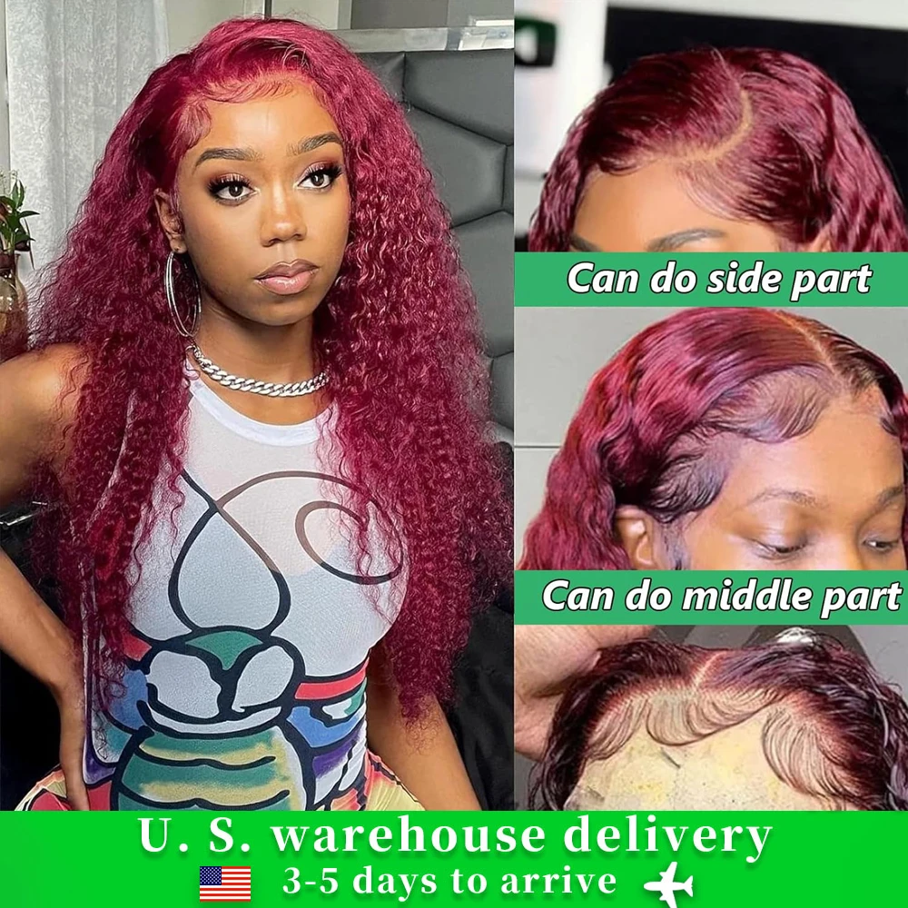 250 Density 30 40 Inch 99J Burgundy Deep Wave 13x4 Lace Front Human Hair Wig 13x6 Lace Frontal Red Curly Wigs Remy For Women