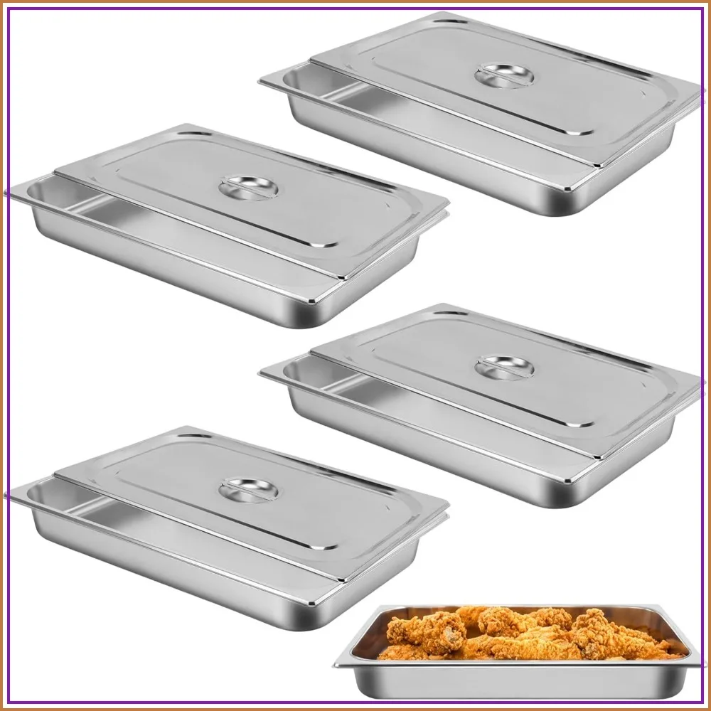 

Full Size Steam Table Pan 2.5" Deep Stainless Steel with Lid, 4 Pack for Buffet & Catering
