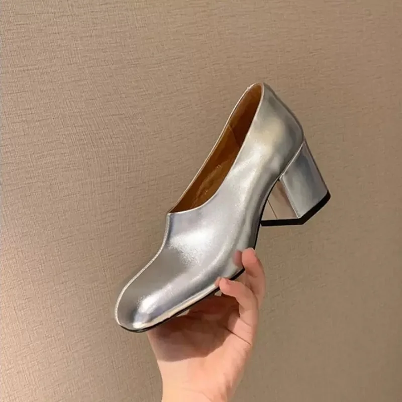 Womens Pumps Cow Split Leather Metal Shoes Woman Square Toe Spring  Autumn Pumps Block Square Heel 7CM Elegant Gold Silver Pumps