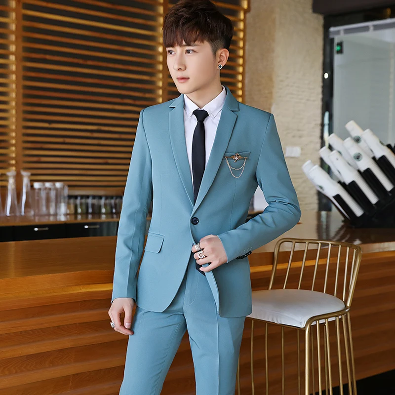

Slim Fit Tee Piece Men's Suit Korean Sle Faionable Formal Wedding omsmen Ensemble Youthful Polyester Blend