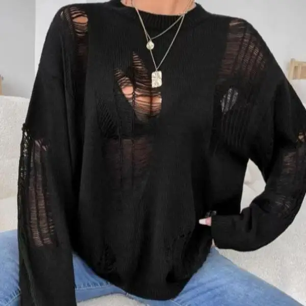 

Женский базовый вязаный свитер оверсайз с эффектом рваного воротника и открытыми плечами из волокна Coolmax, длиной ниже колена, для зимы...