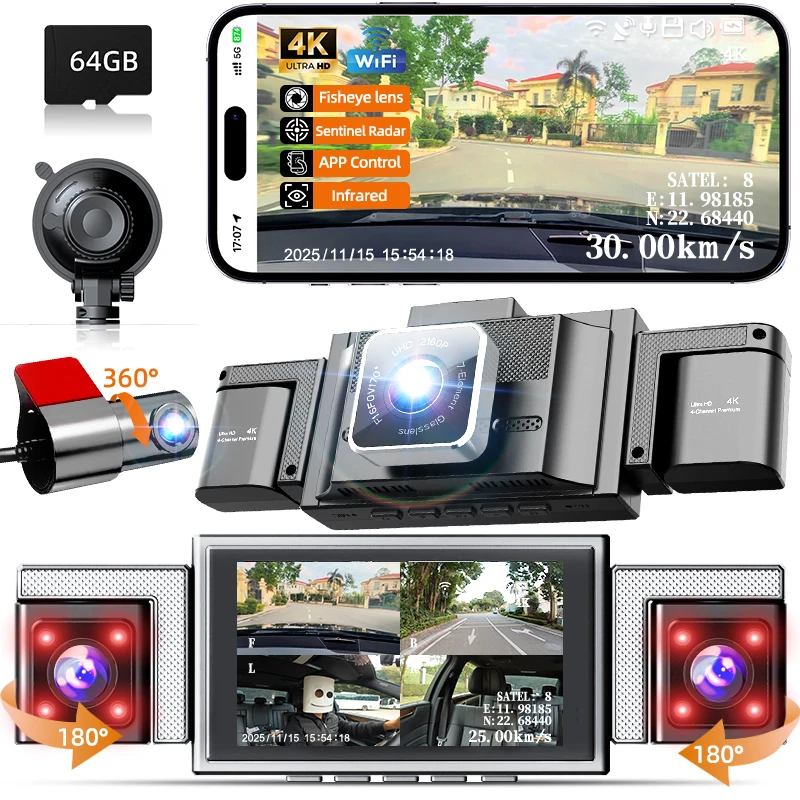 

dashcam 4 channels wifi car dvr dashboard cameras for car way back box parking mode 24h front and rear interior 360 dash cam