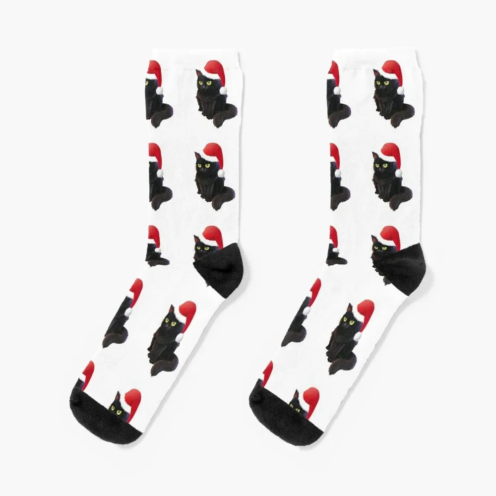 black cat christmas cat wear christmas hat Socks football fashionable cute with print Socks Male Women's