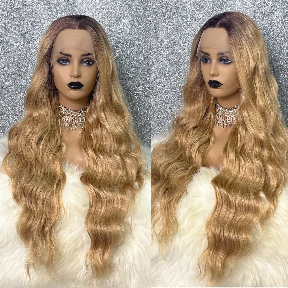 Synthetic Lace Front Wig Ombre Blonde Cosplay Wig For Women Long Wavy 26 inch Body Wavy Brown Root Glueless Curly Wig Drag Queen