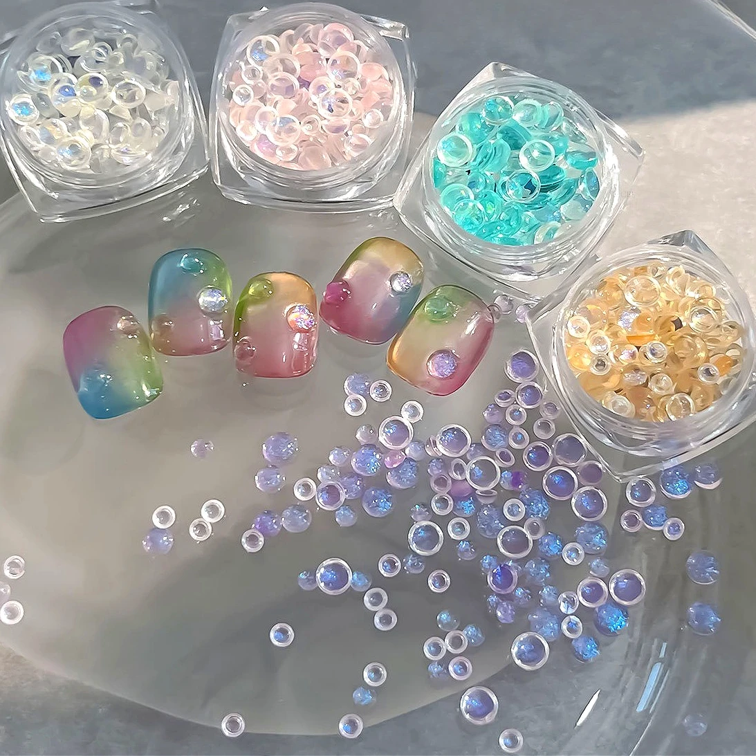 

Colorful Aurora Candy Transparent Dreamy Flat Bottom Resin Mermaid Bubble Beads Nail Art Accessories Decorations Manicure Tools