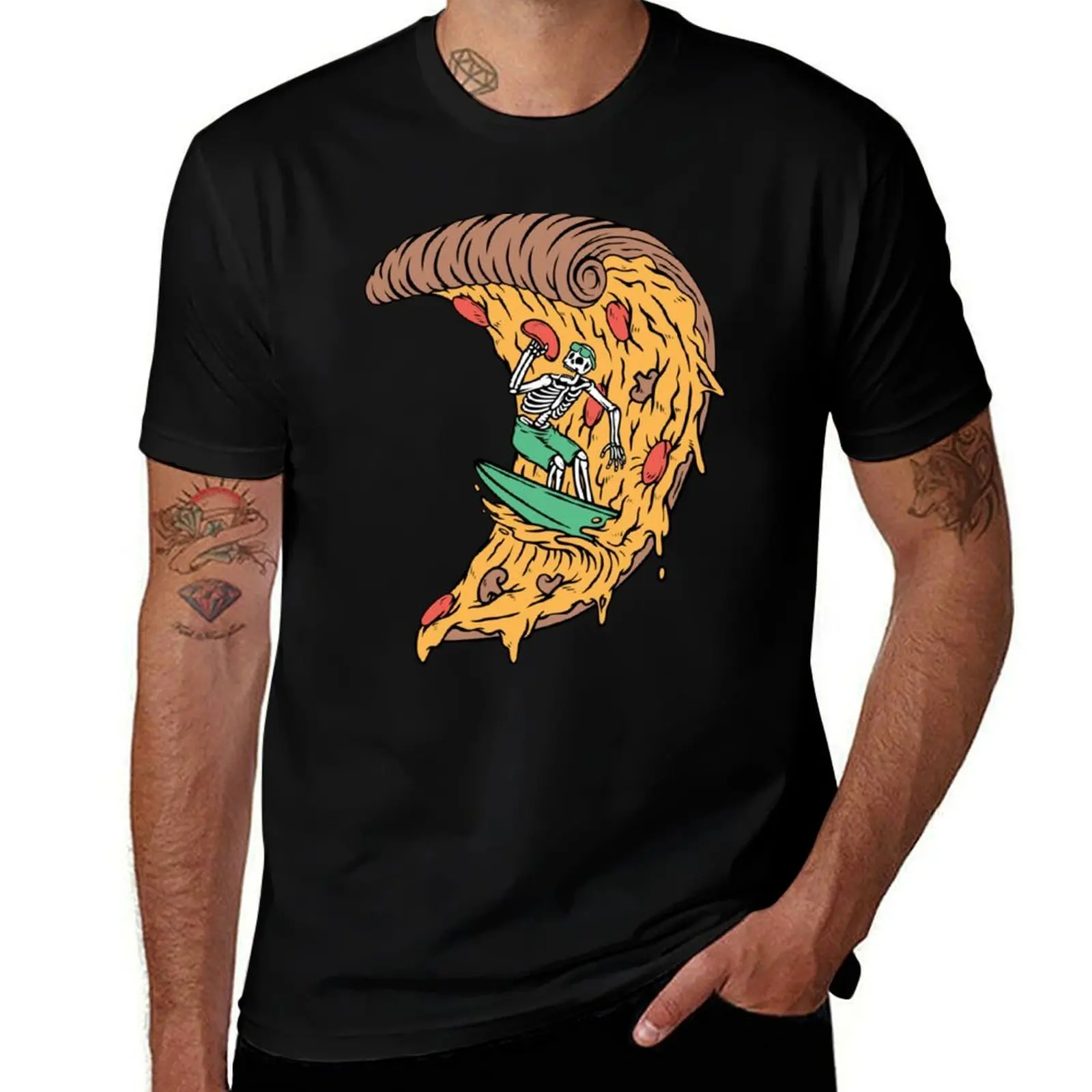 Surfer Boy Pizza Funny Surfing Skeleton T-Shirt Novelty Graphic Tee Shirt