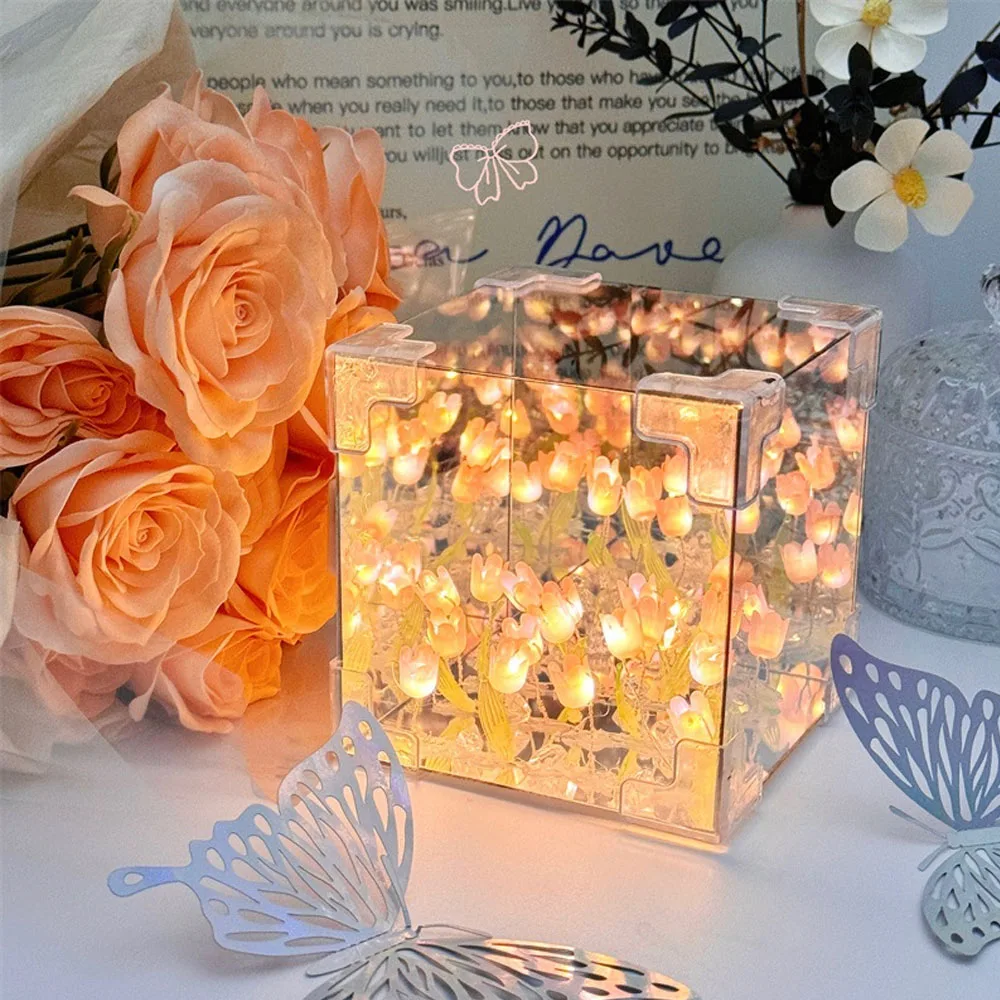 DIY Tulip Mirror Cube Lamp Simulation Flower Bedroom Sleeping Table Lamp Handmade Craft Tulips Mirror Night Light Birthday Gift