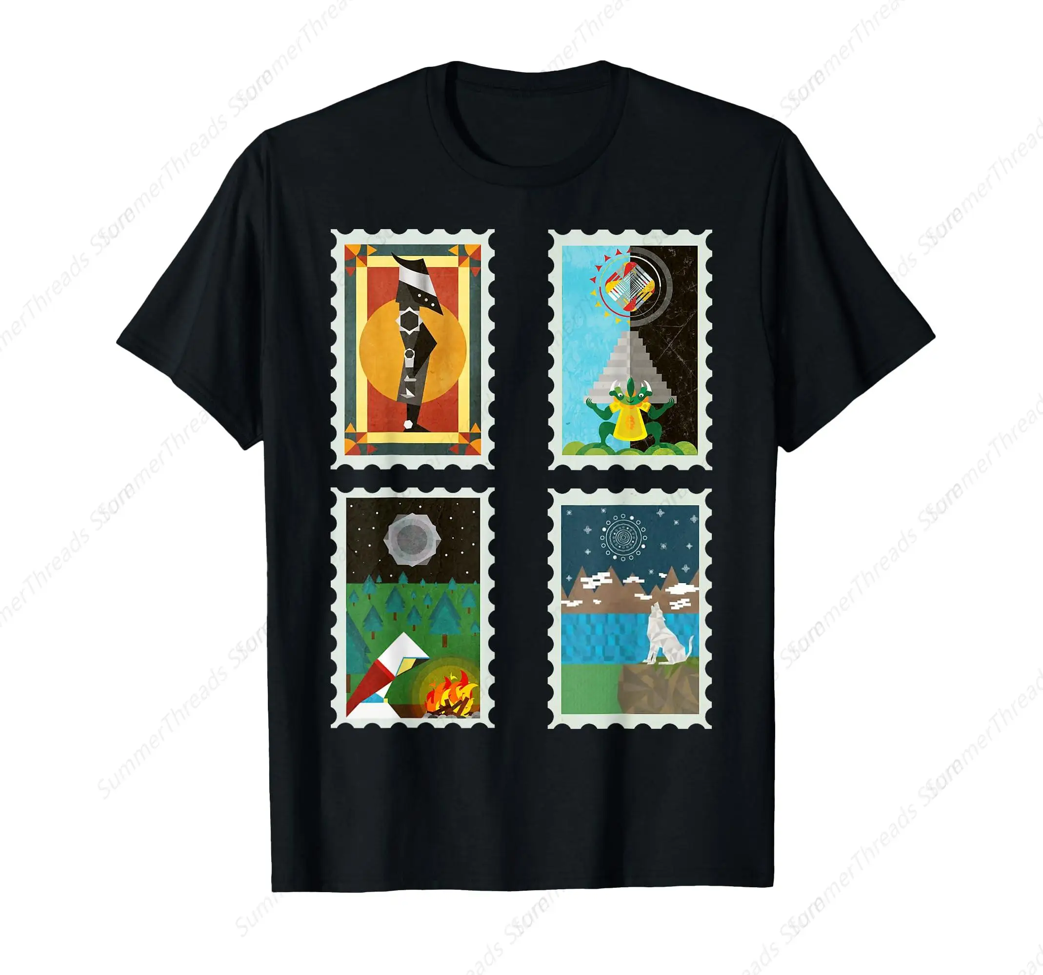 Artistic Stamp - Patterned T - Shirt, Unique Four - Scene Graphic Tee for Art Lovers, Ideal for Casual WeArtistic Design T-Shirt