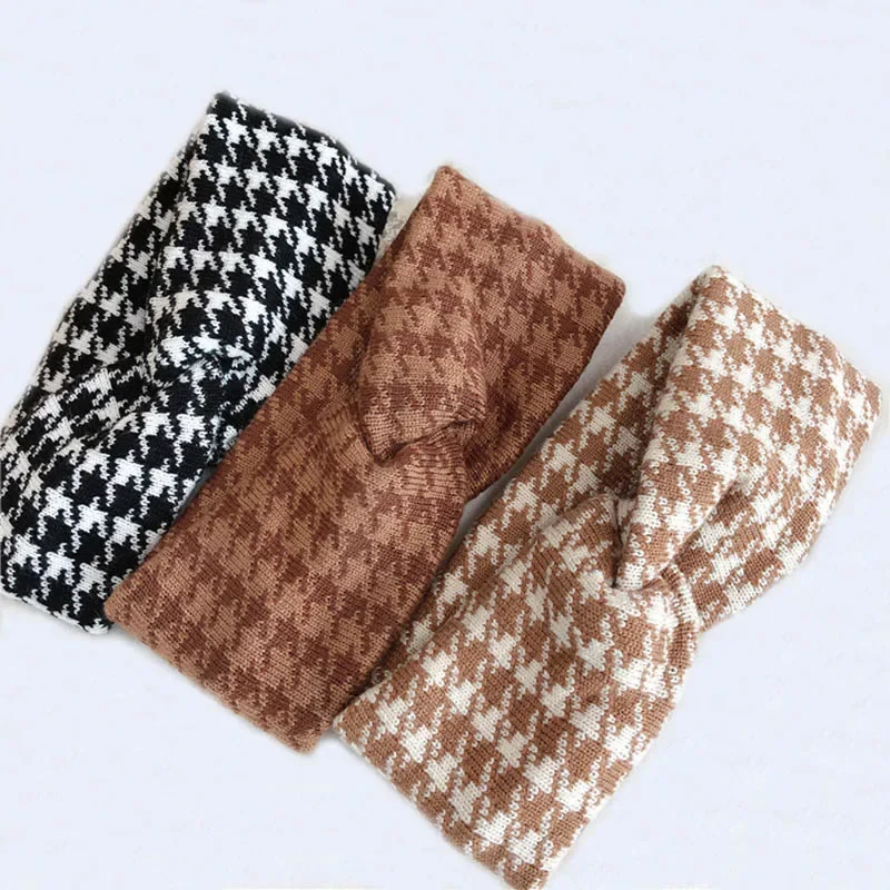 Autumn Winter Black Houndstooth Knot knitted Headbands For Women Ladies Leopard Elastic Hairband Girls Hair Accesories