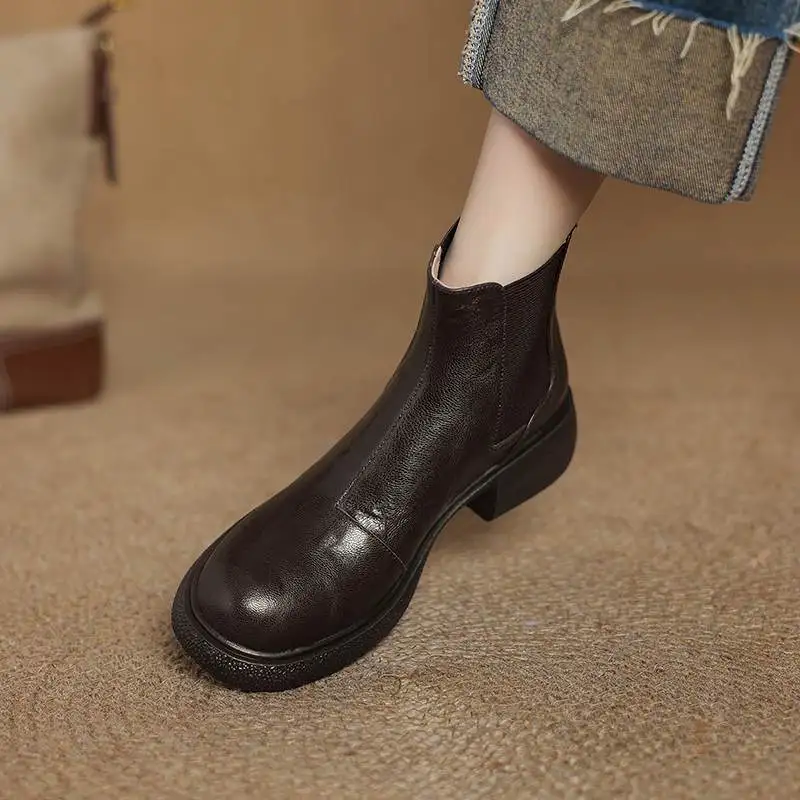 كرازينغ وعاء كبير الحجم جلد الغنم حذاء بكعب سميك منصة الحديثة تشيلسي الأحذية عادية الشتاء الخريف الراحة Vintage النساء حذاء من الجلد