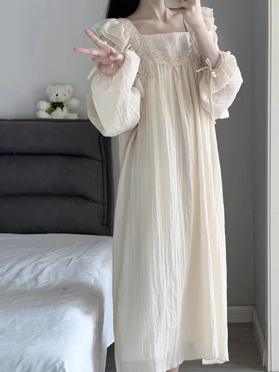 Cotton and Linen Long Sleeves Nightdress Pajamas Women's Spring and Autumn New Arrival Princess Sle Mid Length Long Length ...