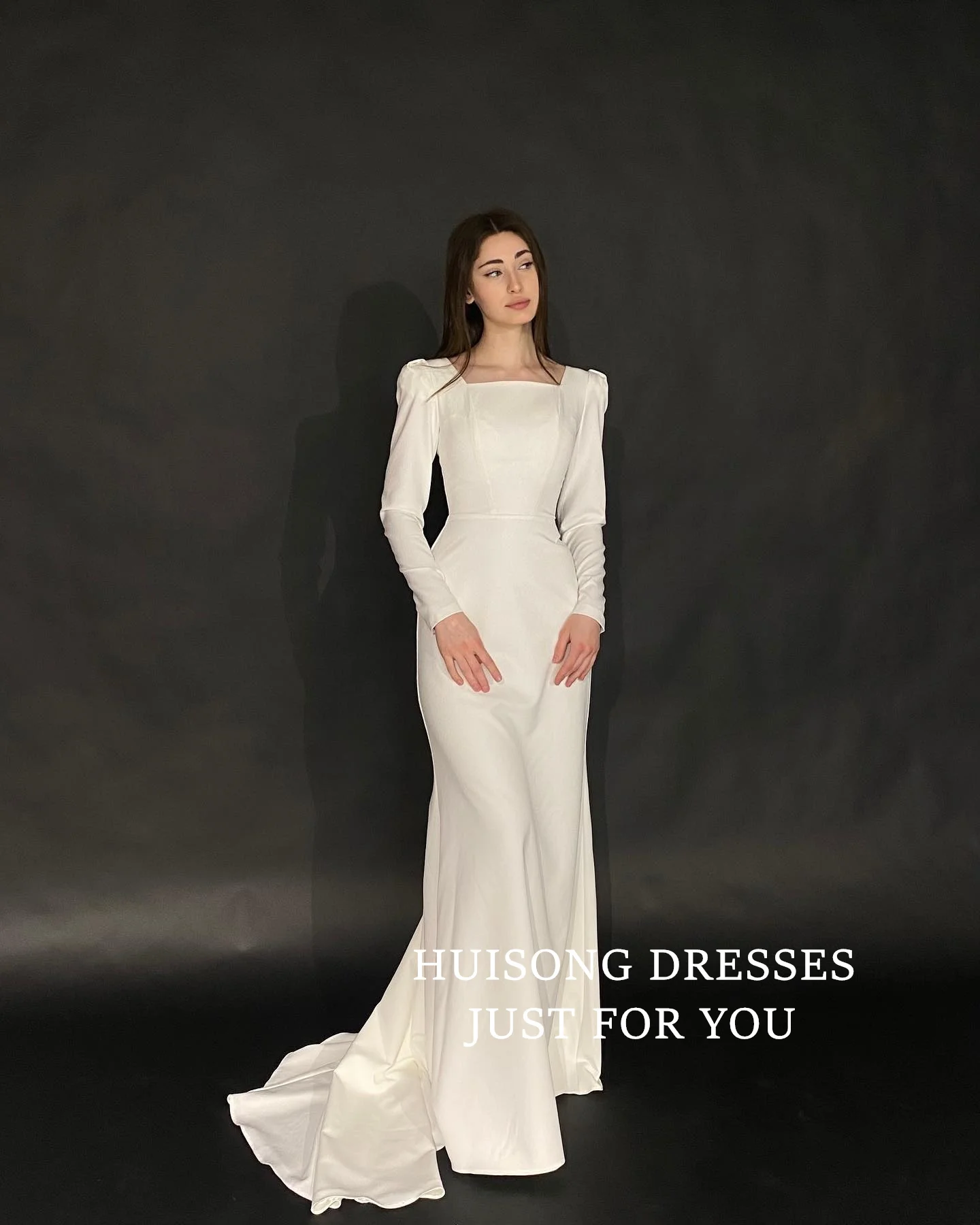 HUISONG Customized Satin Mermaid Wedding Dresses Long Sleeves Muslim Bride Dress Modest Wedding Gown