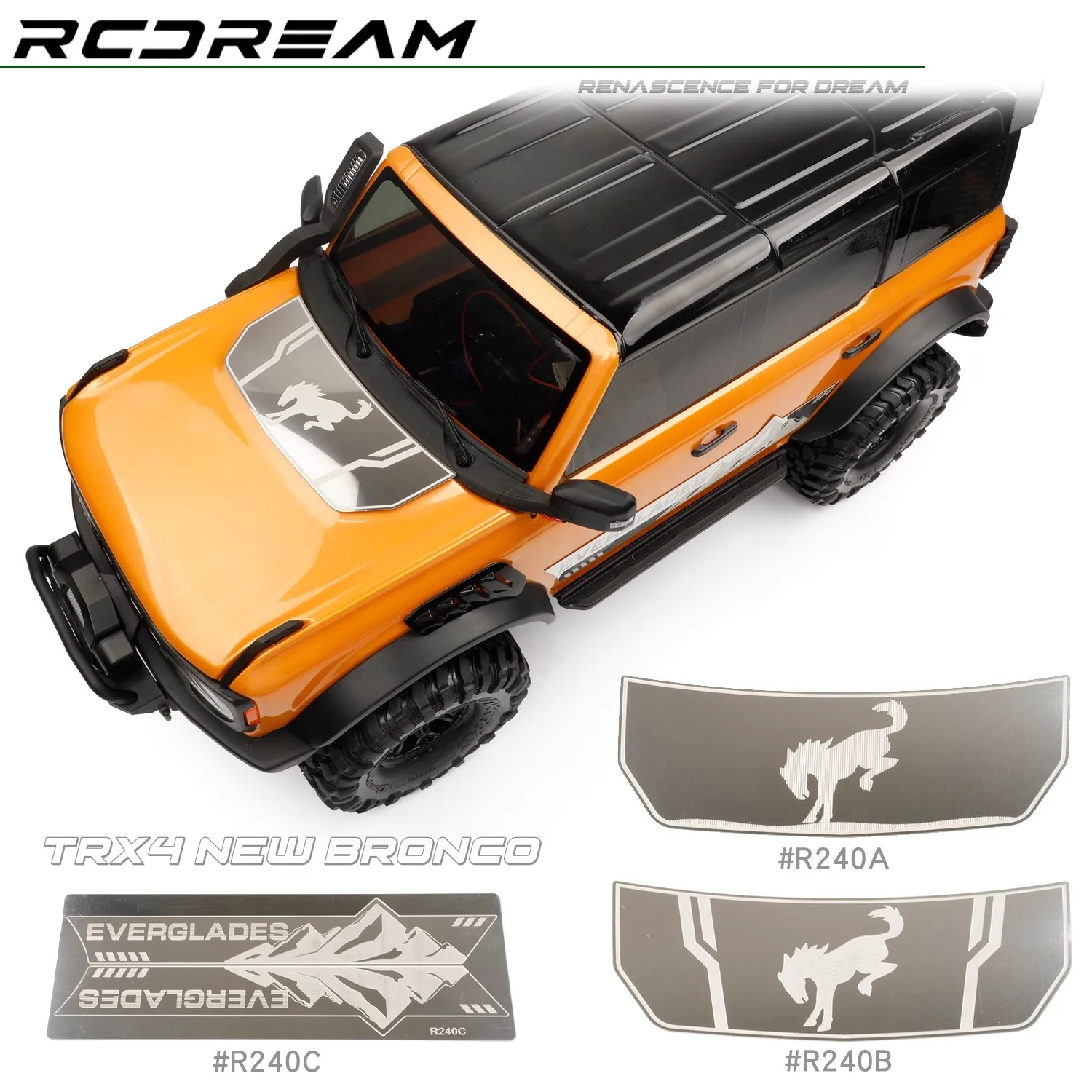 

RCDream 1/10 TRX4 new Mustang hood side skirt metal floral decorative sheet car shell protection accessories