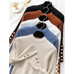 Casual autunno inverno donna pullover spesso pullover bottone manica lunga o collo maglione chic femminile sottile maglione morbido lavorato a maglia top