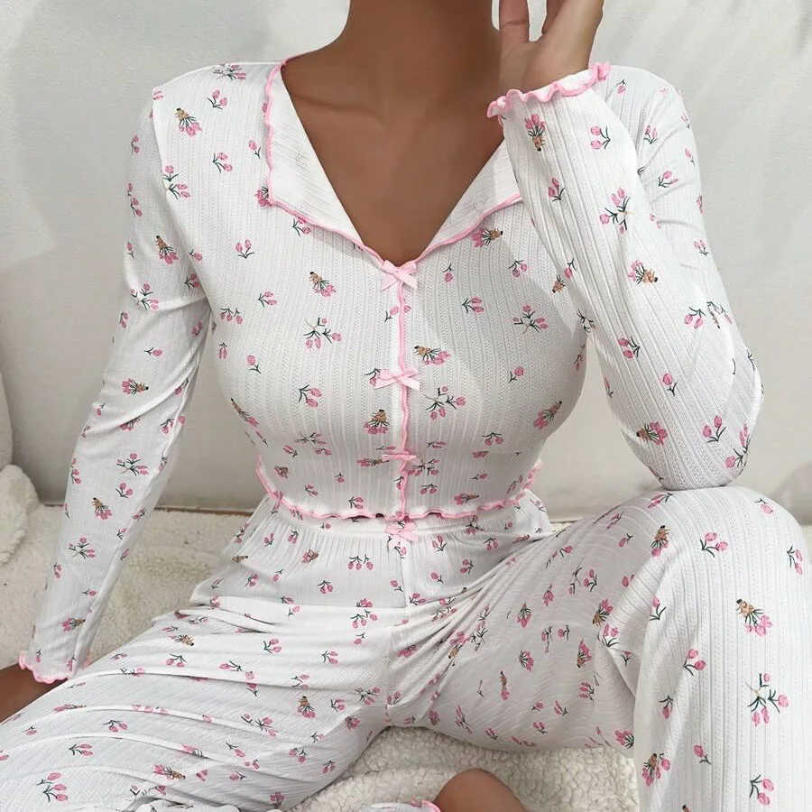 Women's Sets Residential with Bow Ties Lapel Rolled Edges Long Sleeved Pajamas Long Pants Two-piece Suitthat Can Be Worn Outside