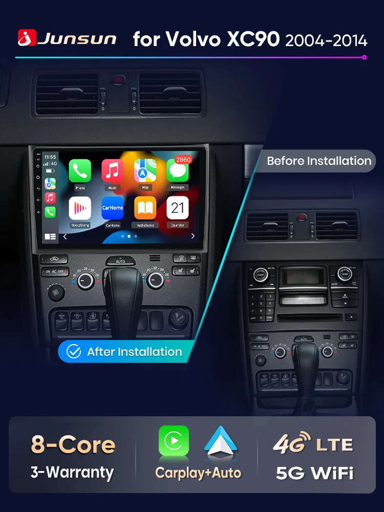 Junsun Kabelloses CarPlay Android Auto Autoradio für Volvo XC90 2004-2014 GPS DSP SWC RDS FM BT 4G WiFi Multimedia-Player Android-Haupteinheit Intelligentes Auto-Navigationssystem Stereo-Upgrade