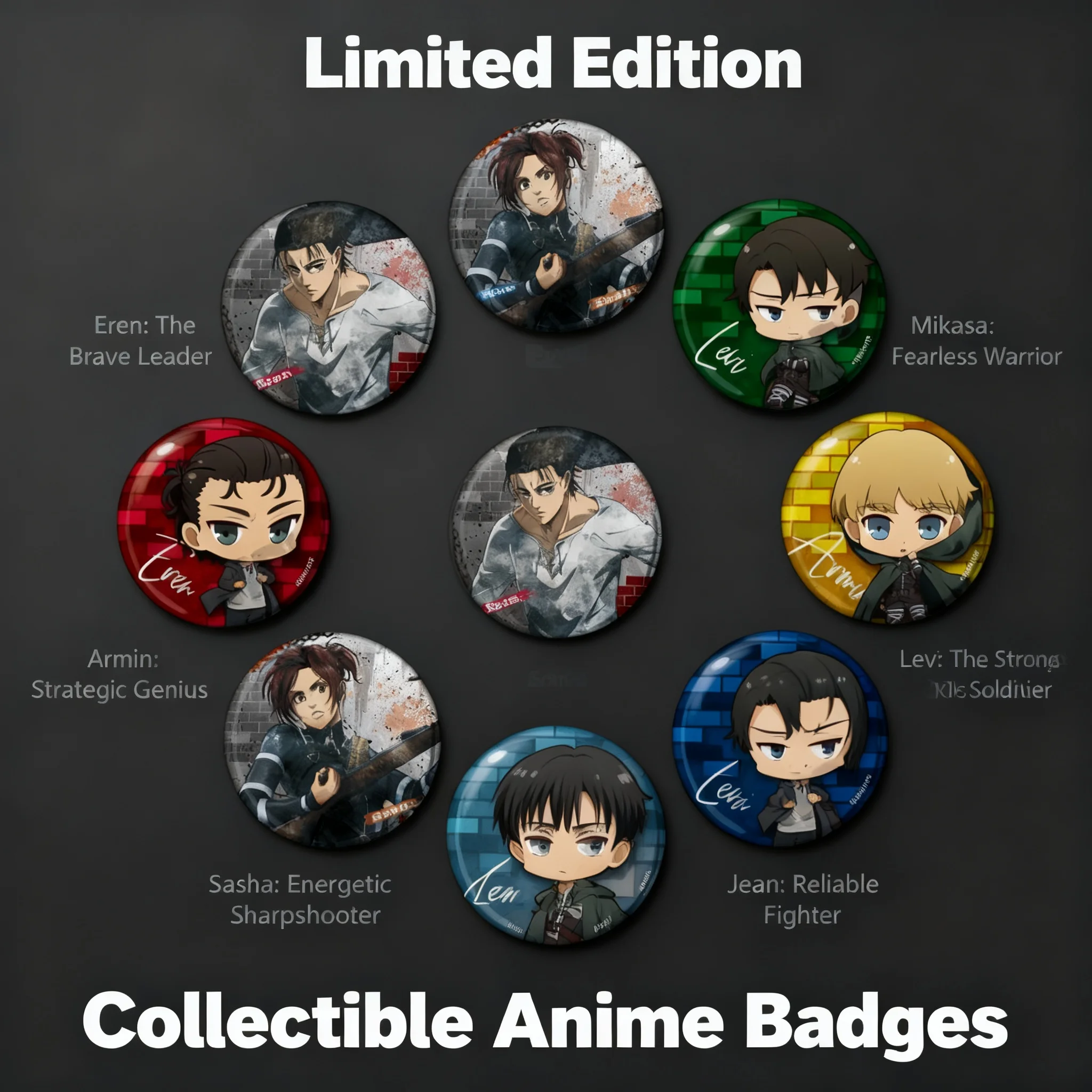 

Attack on Titan Anime Badge Pin Set Mikasa Eren Levi Armin Sasha Ackerman Merchandise Collectible Accessories Cosplay Gift for