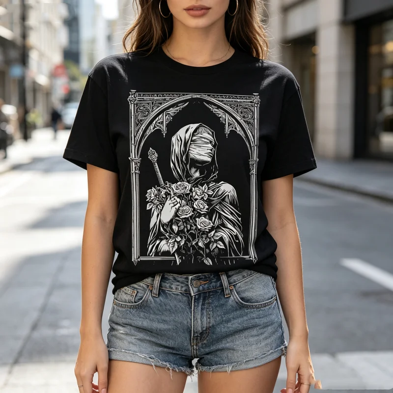 Vintage Gothic Hooded Tee Rose Sword Dark Illustration Print Men Women Cotton Short Sleeve Streetwear  Oversized T Shirt Y2k Top
