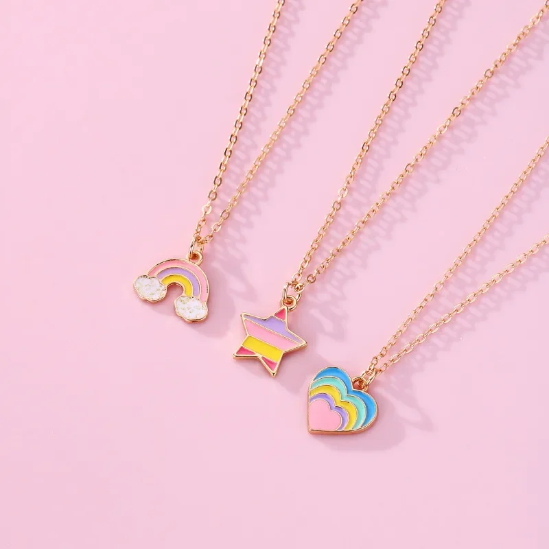 Lovecryst 3Pcs/set Rainbow Five-pointed Star Heart-shaped Alloy Best Friend Necklace for Kids Girls Fashion Friendship Gifts