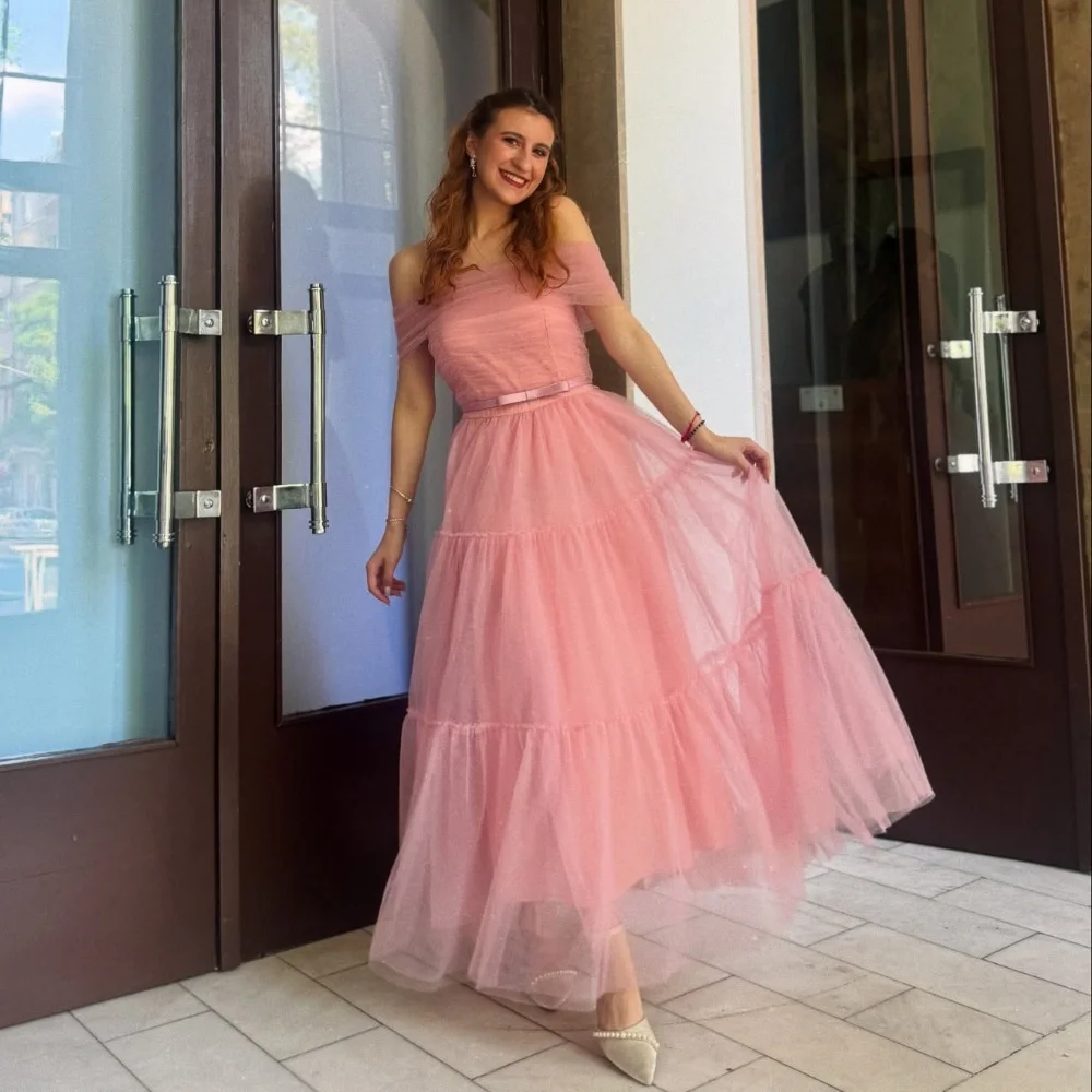 

Customized Pastrol Casual Tulle Tiered Ruched Sash Bow Ball Gown Off-the-shoulder Ankle Length Dresses Bespoke Occasion Dresses
