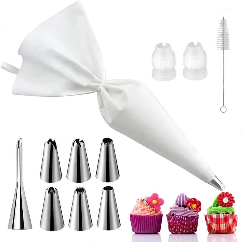 11PCS Reusable Cloth Piping Tips Bag Set-6 Stainless Tips, Choux Nozzle & Tools-Professional DIY Cake Puff Decorating Baking Kit
