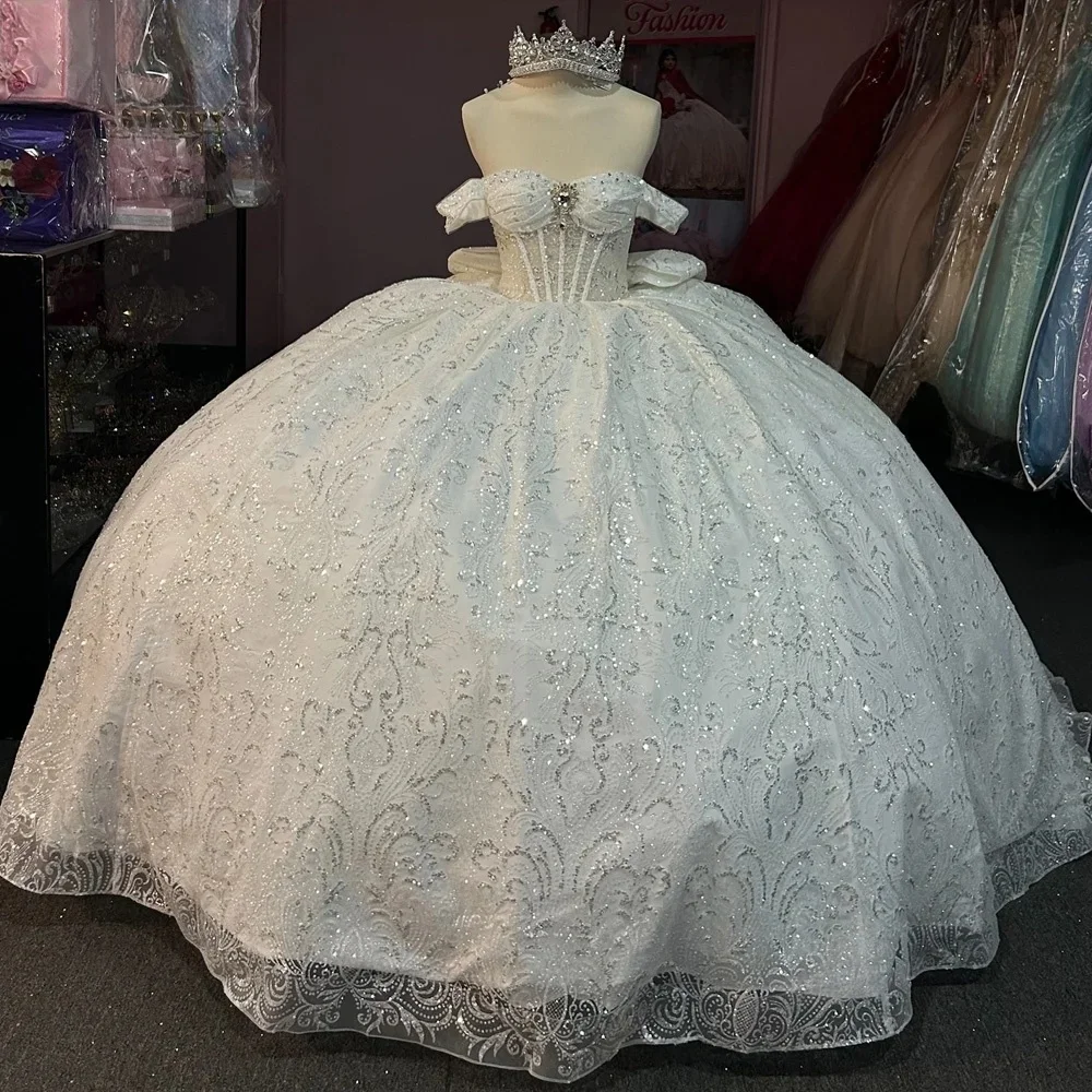 

Sparkly Charro Quinceanera Dresses Ball Gown Off The Shoulder Beaded Mexican Sweet 16 Dresses 15 Anos Customized