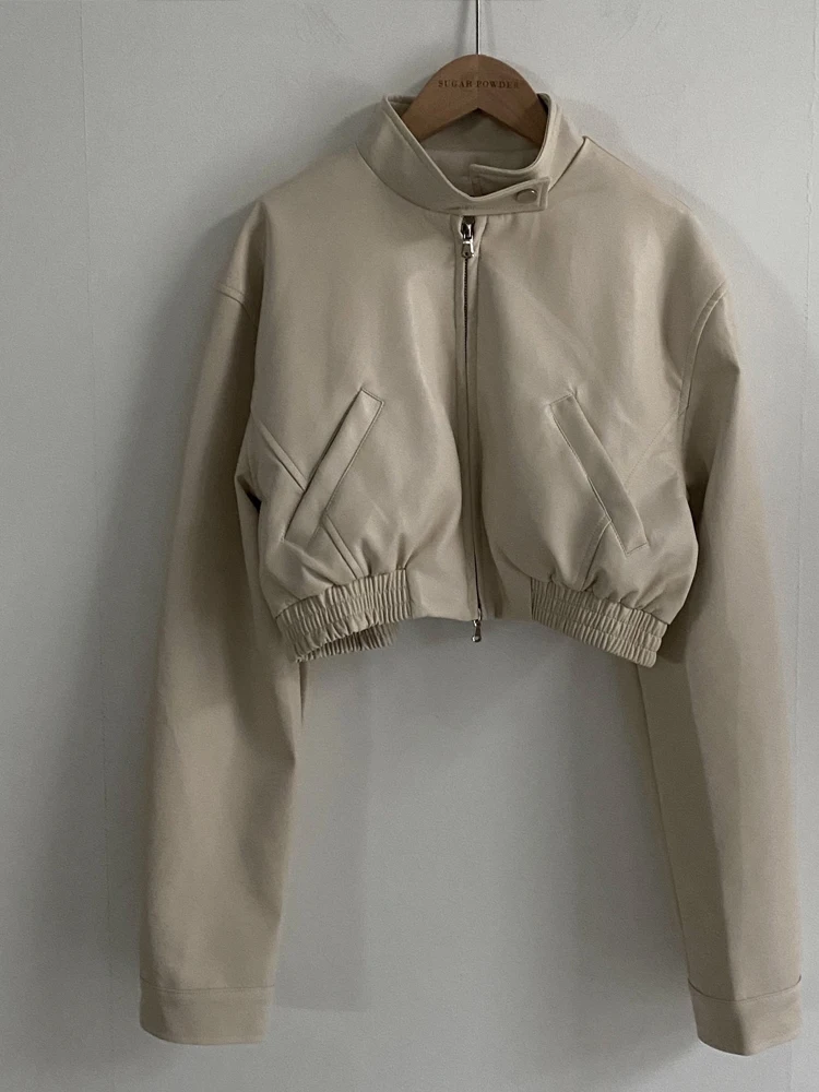 Bla PU Leder Jaet Damen ort Sle Hong Kong Sle Design Frühling Neue Oberbekleidung irt Taille Cinching Reißverschluss Sve