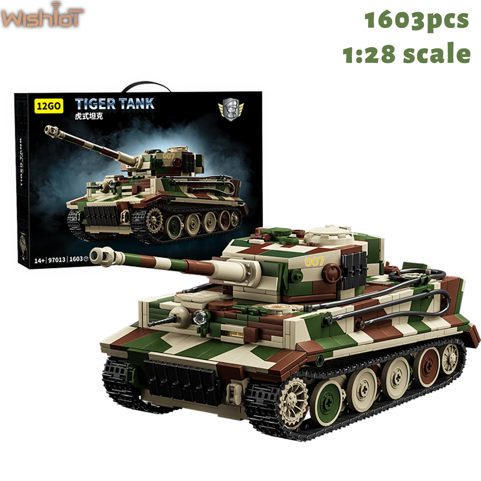

1603PCS Classic GermanTiger Tank Building Blocks WW2 Military Series 1:28 Simulation Model Camouflage Version Kids Toys Gifts
