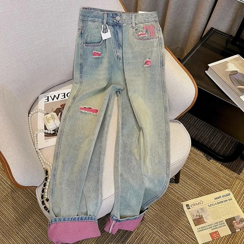 

Colorful pockets decorated distressed Jeans ,for Women's Clothing ,Spring Summer Retro high waisted Wide Leg Pants ,2024 New