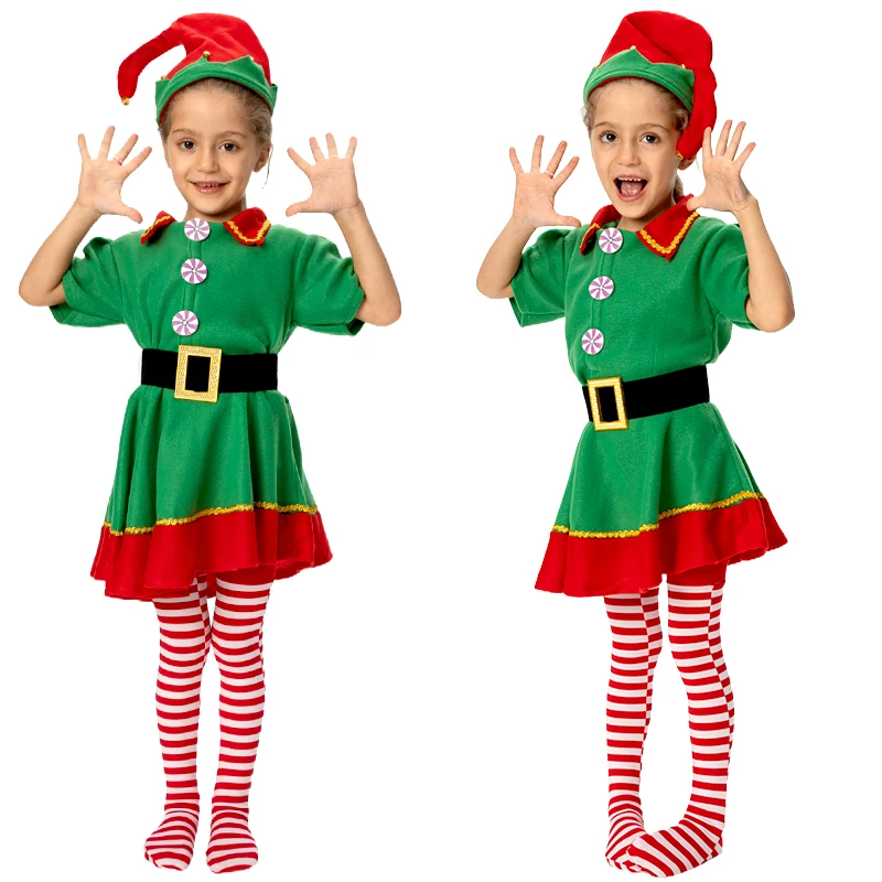 Girl Dress Christmas Elf Costume Santa Claus Helper Sidekick New Year Eve Party Cosplay Clothes Outfits with Hat Belt Stockings