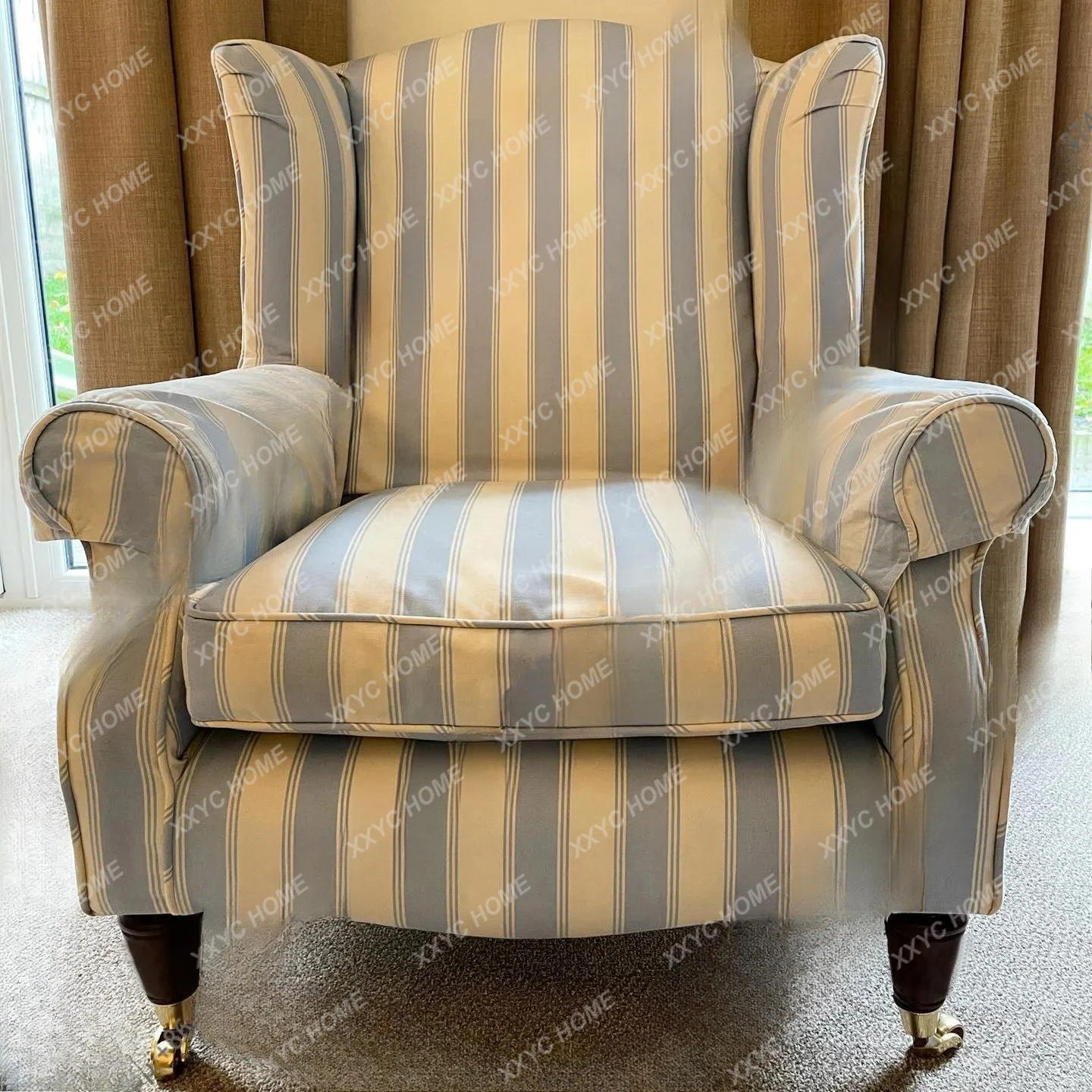 

Llight luxury blue and white striped tiger chair casual single sofa chair living room study armchair