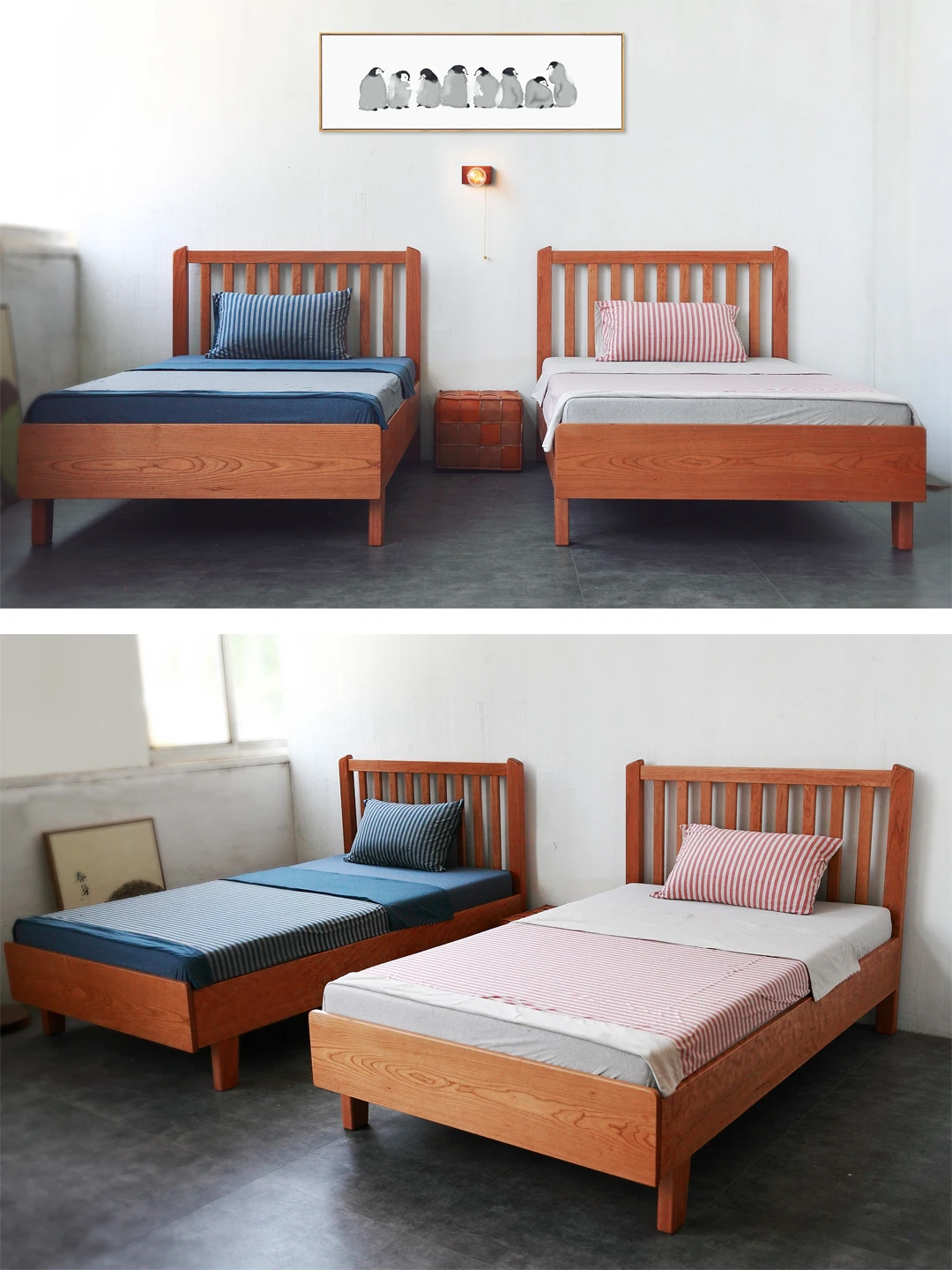 Solid wood bed single children's room cherry wood Japanese be d oak be d